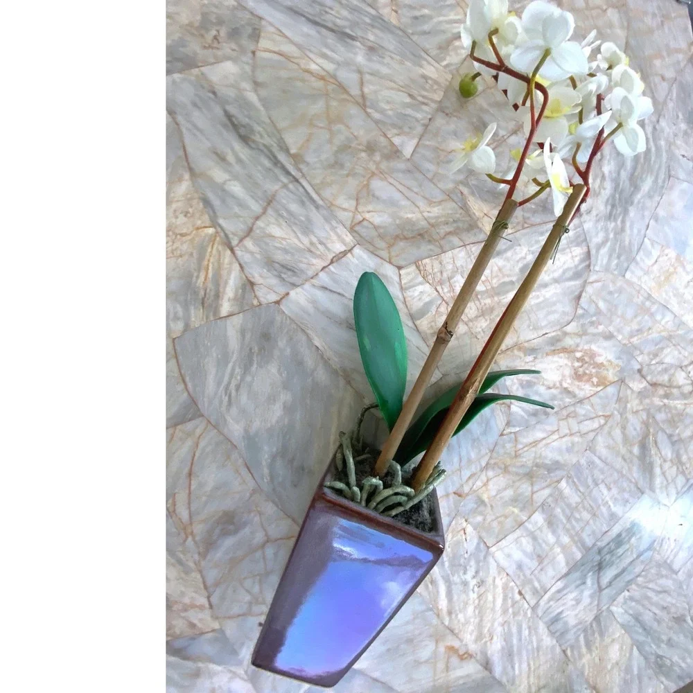Faux White Orchid Arrangement in Iridescent Purple Ceramic Vase 22 Inch Floral